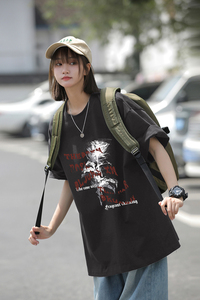 美式多色纯棉印花打底衫夏季男女同款玫瑰花短袖HY560TP25控39图片