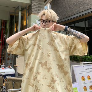 美式高街破洞蝴蝶短袖男女同款纯棉圆领休闲短袖打底衫HY556TP38图片