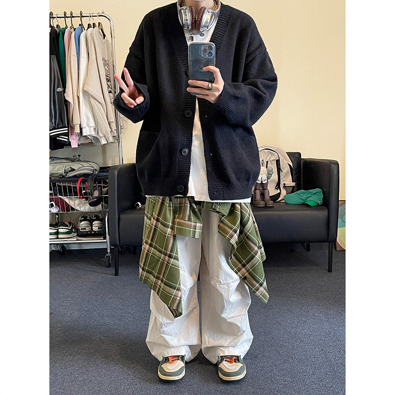 2024新款慵懒风V领针织衫外套潮牌宽松男女休闲毛衣HY415P65控88,男装针织衫/毛衣,电商A102B
