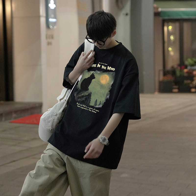 夏季多色纯棉印花打底衫情侣ins风男女同款短袖T恤HY559TP25控39,男装T恤,电商A102B