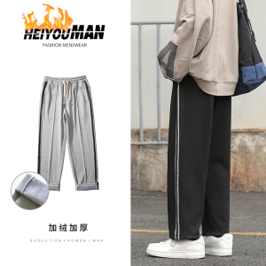 加绒侧边织带拼接运动加绒条纹撞色长裤男女宽松直筒裤K98P55控68图片