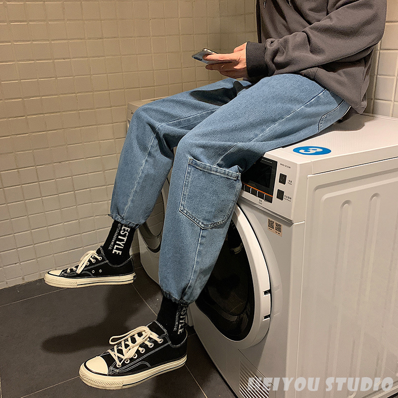 Hot selling simple jeans Multi Pocket side pocket straight tube tooling corset pants control