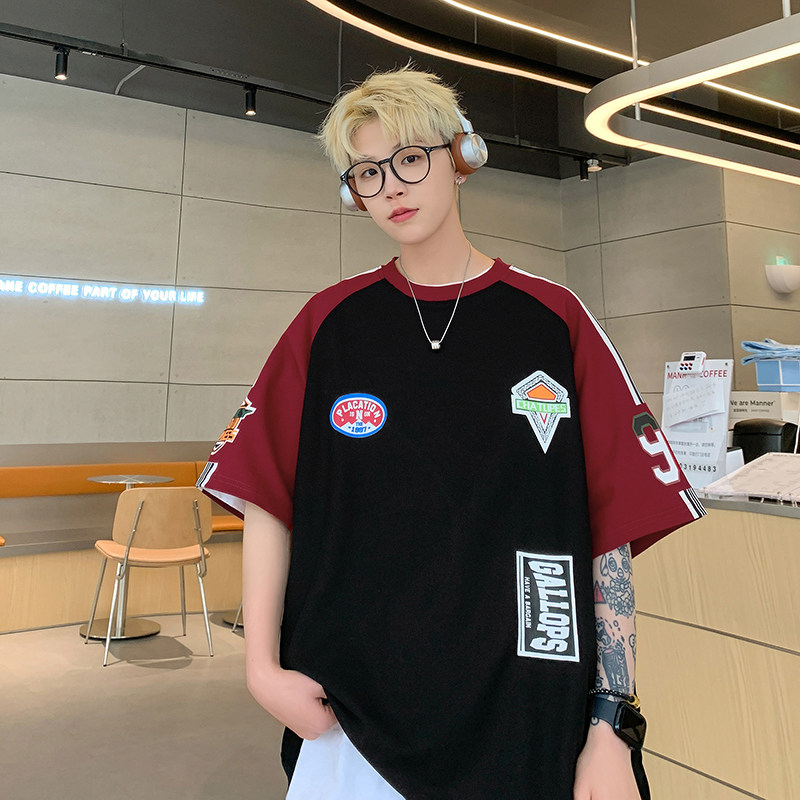 潮牌印花篮球服T恤美式街头潮牌拼接色ins风上衣HY536TP35控58,男装T恤,电商A102B