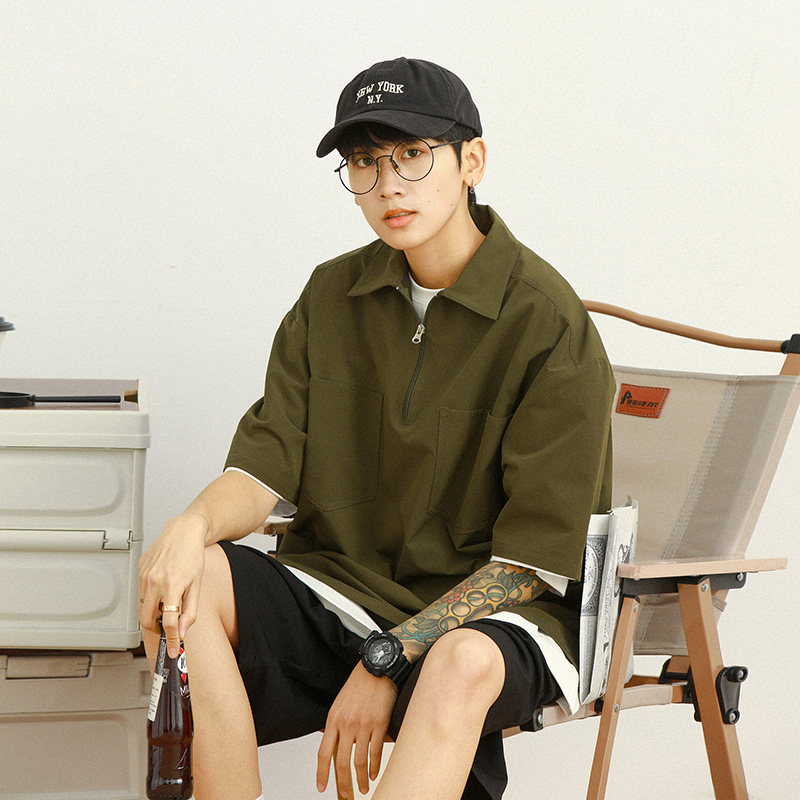 CityBoy日系复古宽松Polo衫T恤男短袖纯色廓形流行HY298TP45控68图片