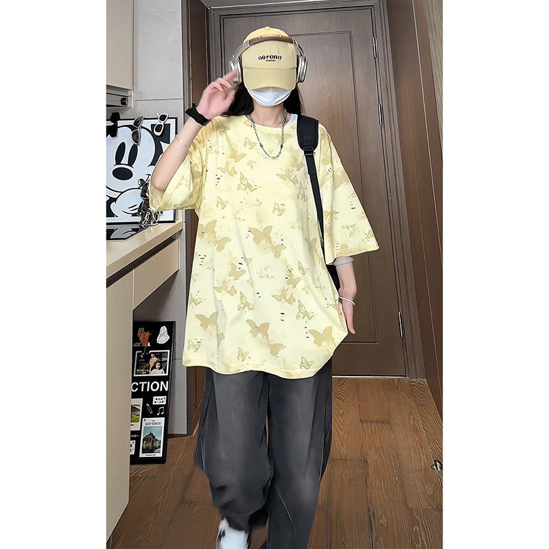 蝴蝶破洞圆领纯棉短袖美式高街百搭款休闲短袖打底衫HY556TP38,男装T恤,电商A102B