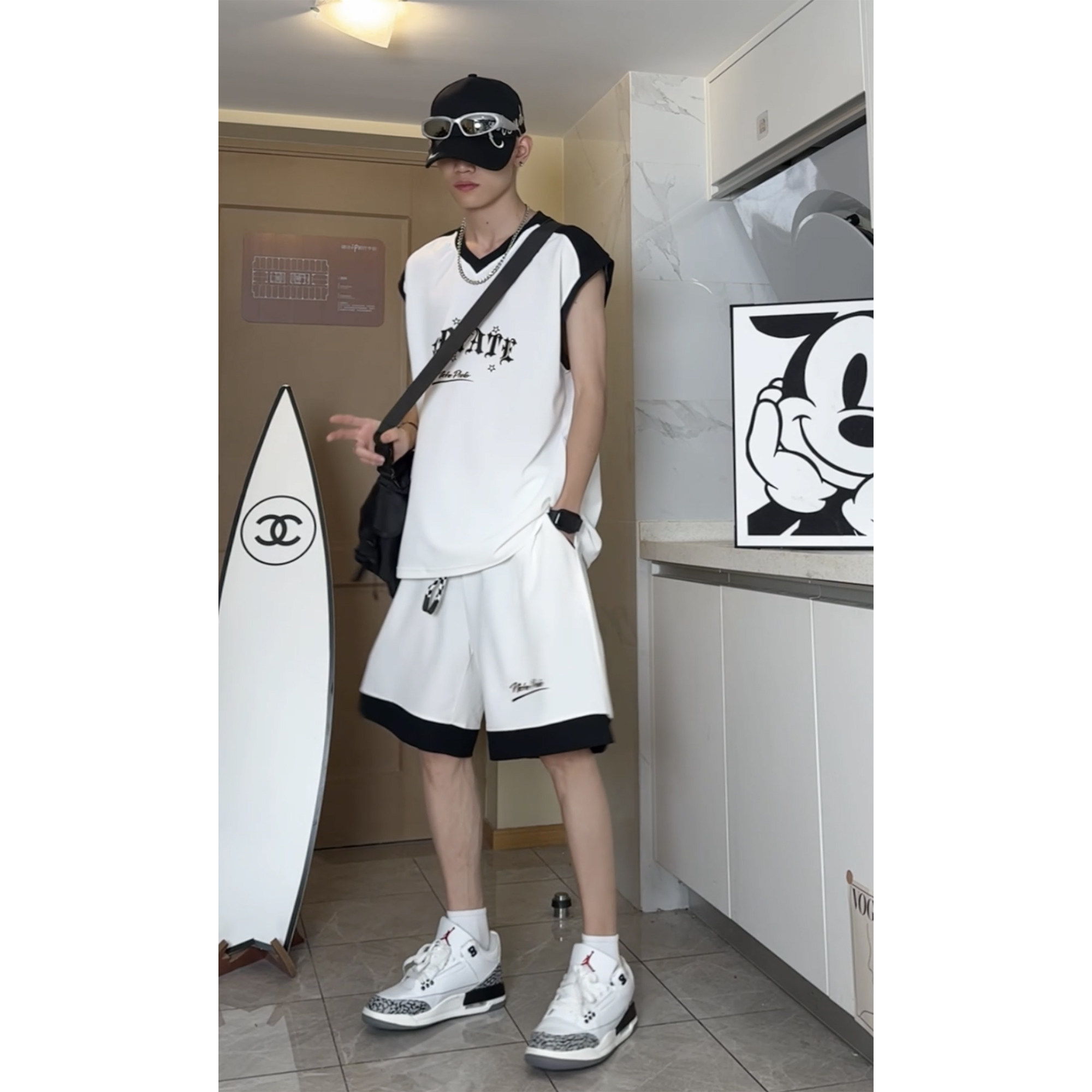 oversize潮流无袖宽松休闲运动服美式外穿篮球运动服套装T13TP55,男装衬衫,电商A102B