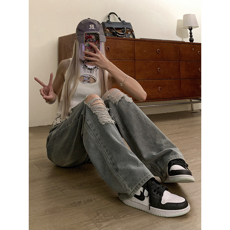 美式hiphop高街潮流百搭裤子宽松休闲直筒破洞牛仔裤K547TP45控68,男装休闲裤,电商A102B