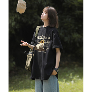 美式vibe圆领纯棉短袖T恤慵懒小猫咪印花宽松休闲打底衫HY574TP20图片