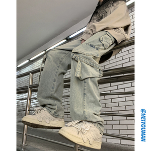 美式复古潮流设计感加厚牛仔裤情侣宽松直筒休闲长裤K431P65控89图片