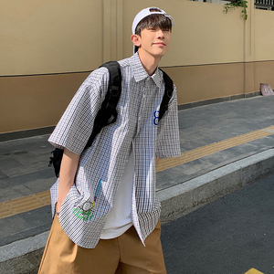夏季日系复古短袖衬衫经典港风格子衬衣ins潮流街头HY128T图片