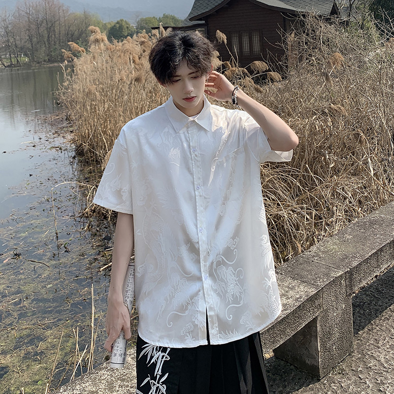 新中式龙纹风唐装短袖衬衫外套衬衣上衣男女HY518TP38控58,男装衬衫,电商A102B