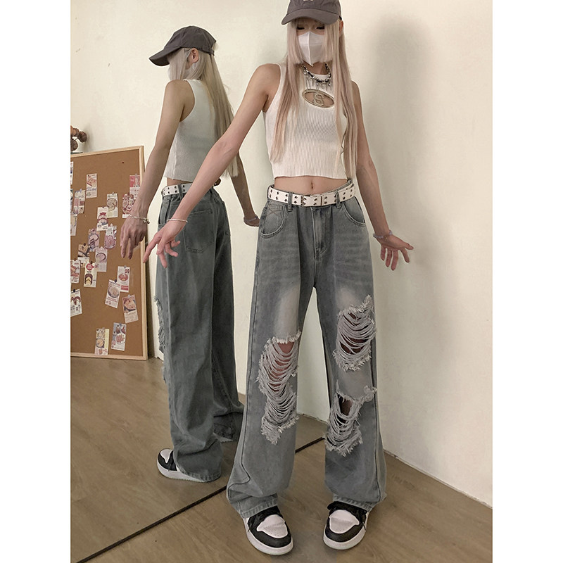 美式hiphop高街潮流百搭裤子宽松休闲直筒破洞牛仔裤K547TP45控68,男装休闲裤,电商A102B