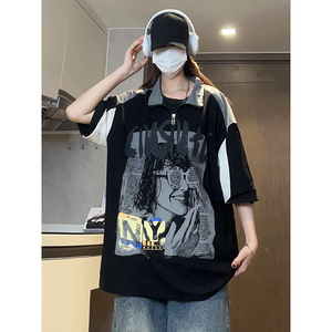 半拉链韩版立领T恤人物印花拼接设计款宽松休闲短袖HY540TP38图片 半拉链韩版立领T恤人物印花拼接设计款宽松休闲短袖HY540TP38图片