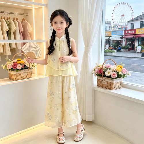 女童国风汉元素刺绣两件套夏季中大童超仙套装新款无袖新中式汉服