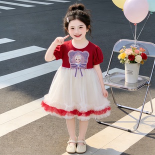 女童艾莎公主裙儿童夏季短袖连衣裙小女孩洋气甜美红色蓬蓬纱裙子