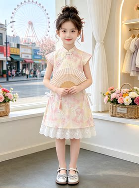 女童新中式风立领飞飞袖刺绣连衣裙夏季中长裙超仙旗袍裙女童裙子