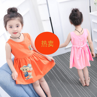 女童纯棉连衣裙洋气新款纯色无袖宝宝背心裙棉布薄款凉快卡通裙子
