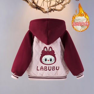 女童加绒外套25秋冬装 棉服中厚棉袄 儿童夹棉连帽上衣薄款
