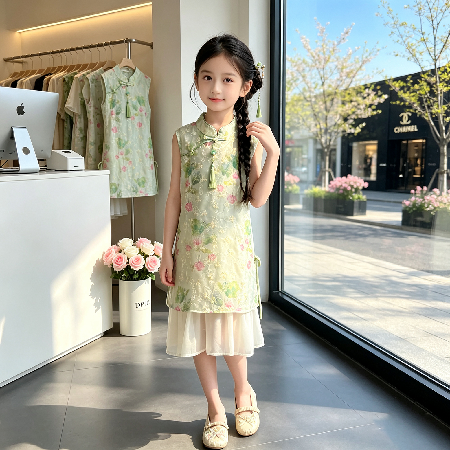 女童新中式旗袍裙夏季无袖花卉连衣裙中长裙国风背心裙中童装裙子