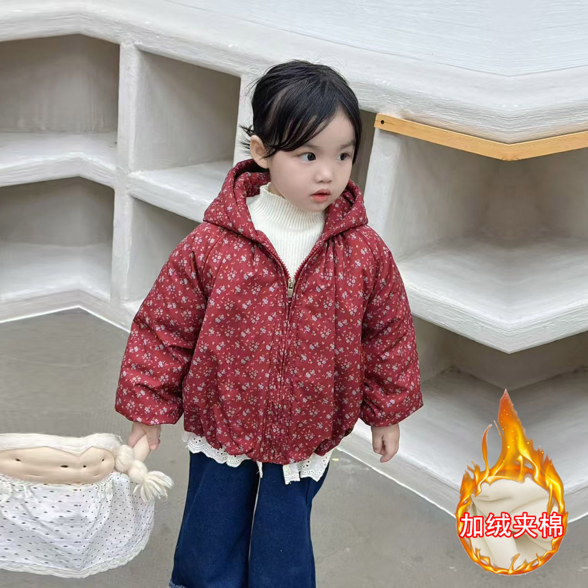 女童加绒加厚外套2025秋冬新款宝宝中厚碎花棉衣二棉衣服小童棉服