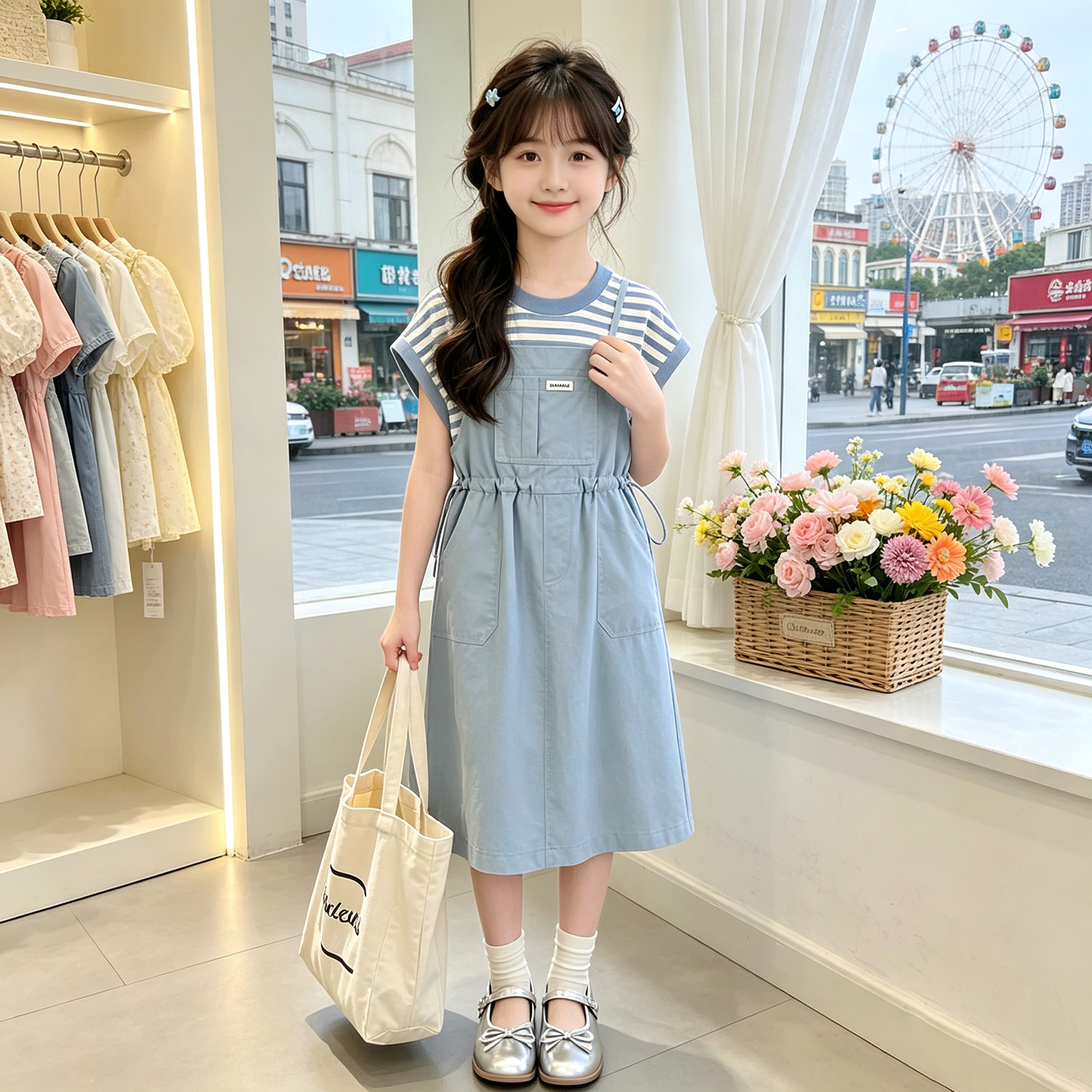 减龄条纹无袖连衣裙女童夏季收腰背带假两件中裙小个子穿搭两件套