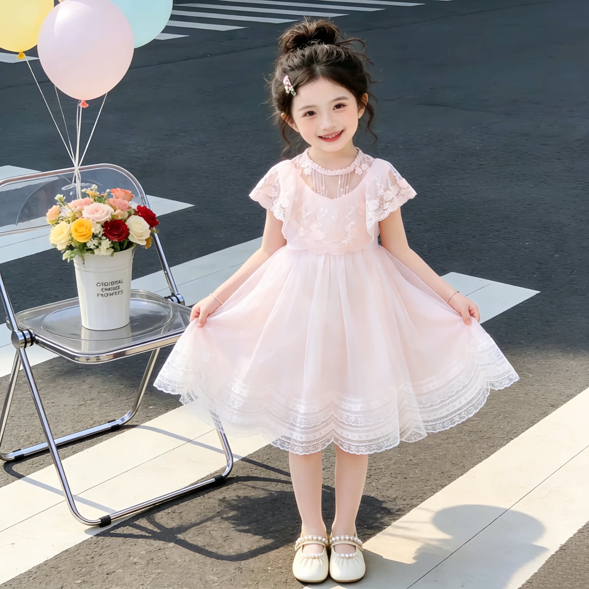 女童粉色连衣裙纱裙夏季蕾丝网纱连衣裙儿童公主裙演出礼服舞蹈裙