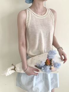 胸围74衣长52 显瘦亚麻小吊带3.22 郑沅沅 韩系钩花正版