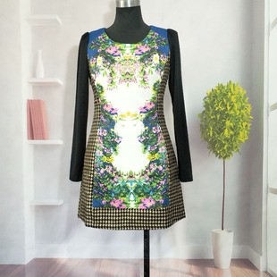 圆领皇家蓝连衣裙 纤衣姐姐 针织袖 春秋 衣服厚实印花中长裙 兰卡