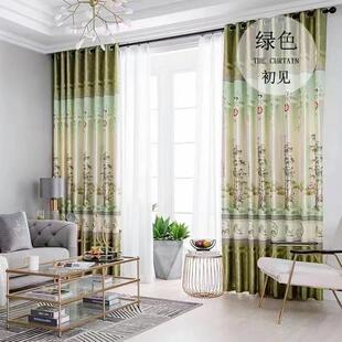 中式 窗帘定制落地窗客厅阳台书房飘窗小清新叶子花纹帘成品