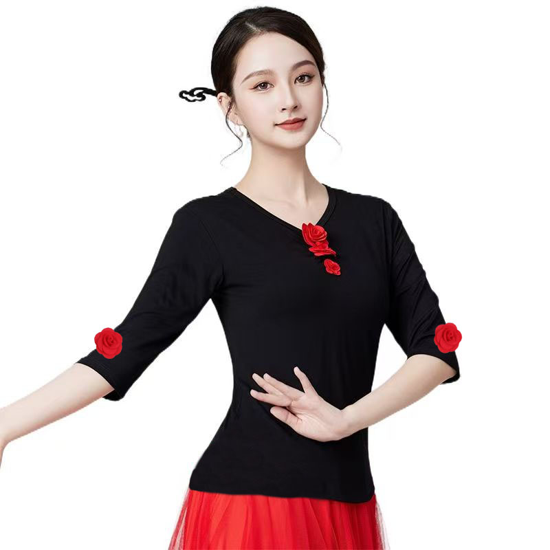 古典舞练功服上衣中袖中国现代舞蹈服立体玫瑰花形体广场舞服装女