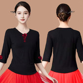 广场舞服装 古典舞立体花演出服 新款 中袖 上衣女夏莫代尔棉跳舞服装