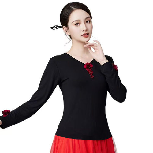 古典舞练功服上衣长袖中国现代舞蹈服立体玫瑰花形体广场舞服装女