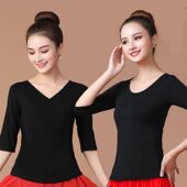 女新款 跳舞上衣中袖 短袖 广场舞服装 夏季 黑色单件跳舞衣舞蹈服成人