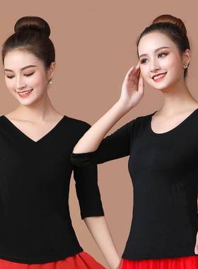 广场舞服装女新款跳舞上衣中袖短袖夏季黑色单件跳舞衣舞蹈服成人