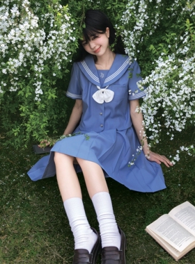 【水方晴】原创正版jk水手服百褶裙短袖套装蓝色白色日系学院风