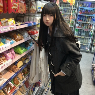 一封信JK大衣学院风秋冬新款甜美风长款牛角扣夹棉大衣毛呢外套