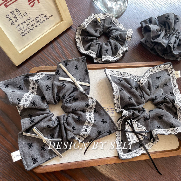 Chunygh原创手作灰色芭蕾风蝴蝶结蕾丝大肠发圈方巾小众韩系发饰