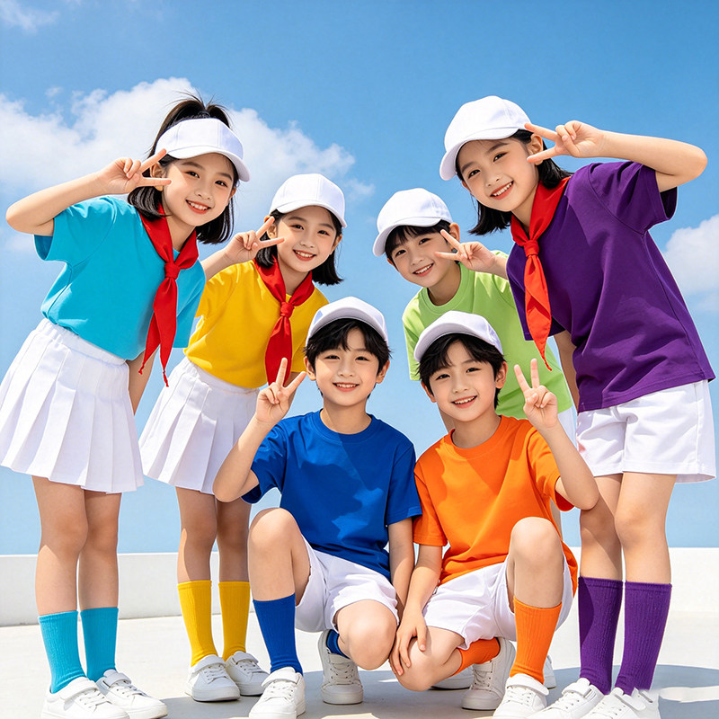 六一演出服纯棉彩色t恤儿童班服小学生毕业短袖幼儿园表演 T+袜