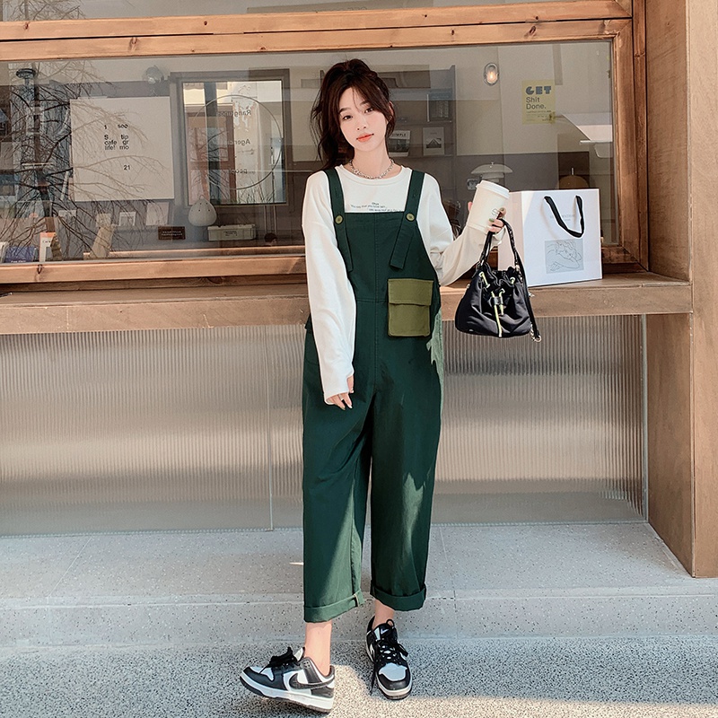 现货新款撞色韩版减龄宽松小个子背带裤7578P105控158，女装连体裤，浙宝218