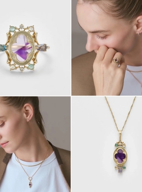 天然紫水晶多宝石纯银吊坠戒指