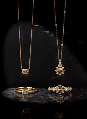 茶晶方糖雪花奢华项链戒指套装