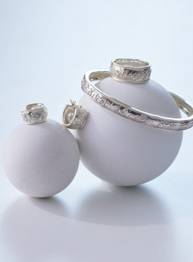 日系轻奢nojess十二星座 夜空星星 复古雕花 925纯银手镯戒指耳环