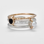 日系轻奢agete同款 纯银镀金戒指 复古分色三连 黑尖晶 珍珠