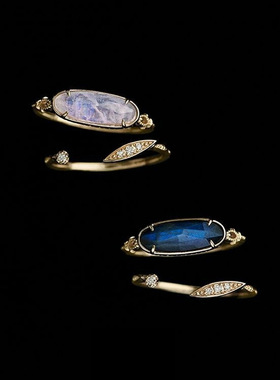 极光森林水晶拉长石树叶戒指套装