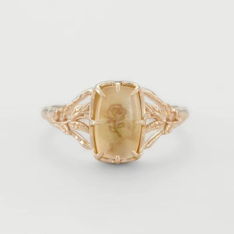 日系轻奢 Drama 玫瑰花 黄水晶贝壳树叶手工雕刻 双层戒指