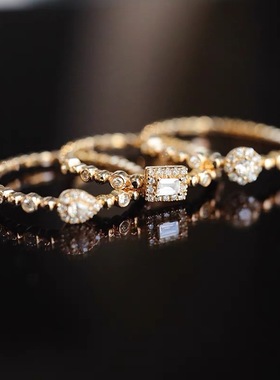 复古圆钻方钻水滴叠戴戒指