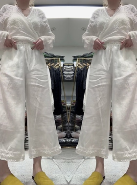 2026超火巨好看亚麻裤子女款夏天薄款白色阔腿裤木耳边棉麻休闲裤