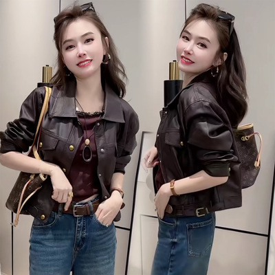 超火棕色皮衣女款短款洋气皮外套