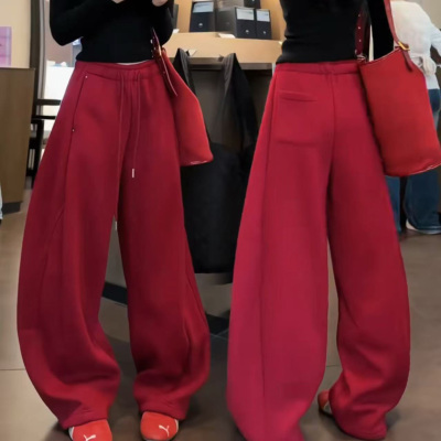 红色休闲卫裤超火加绒弯刀阔腿裤