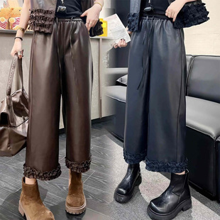 2025新款 女款 爆款 独特超好看木耳边吊脚裤 黑色阔腿裤 子八分裤 皮裤
